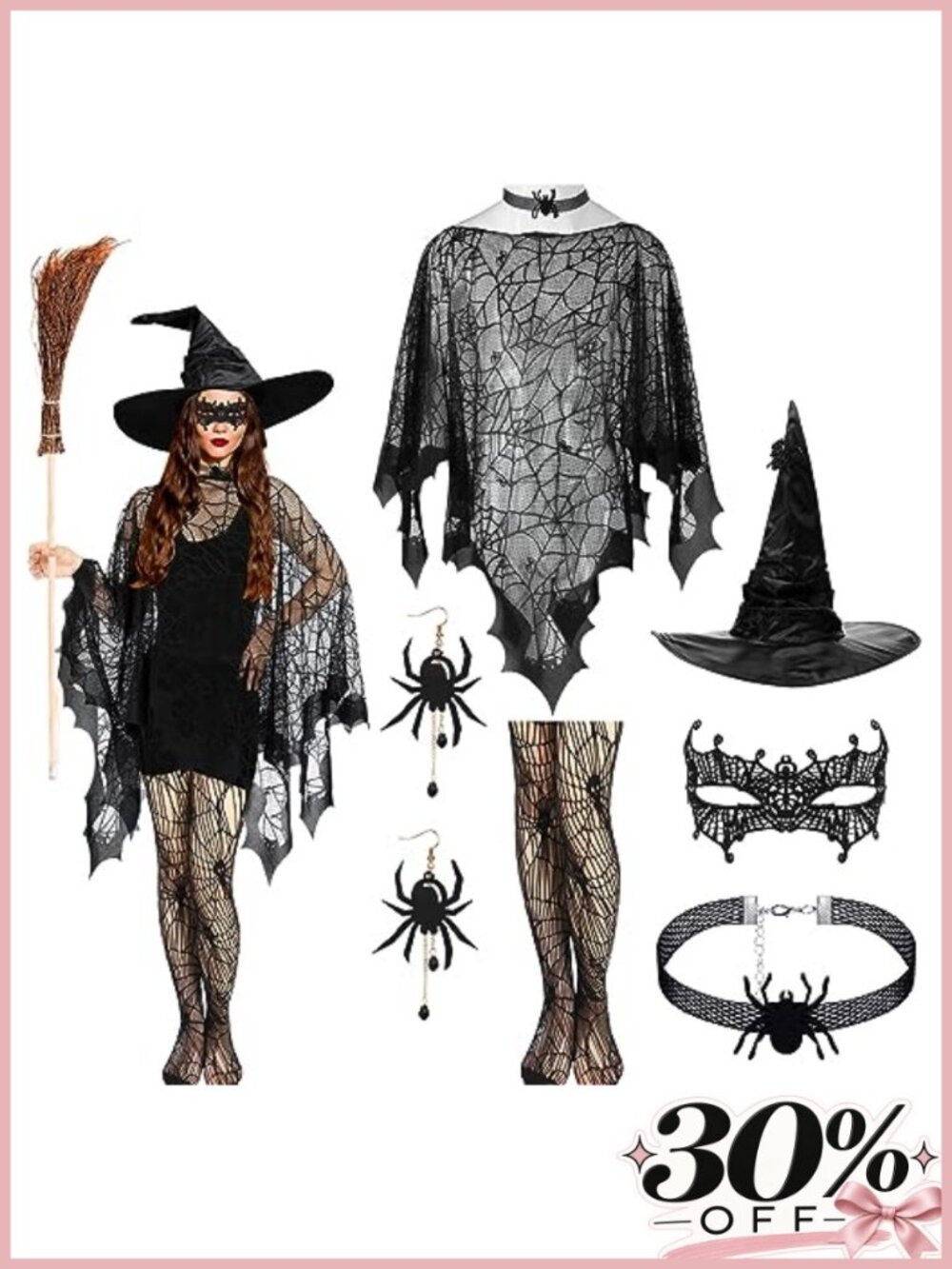 6 Pc Halloween Spiderweb Poncho Set Witch Hat Mask Tights Costume Accessories